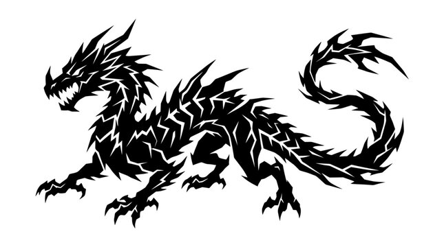Black dragon silhouette with tribal markings against a white background
