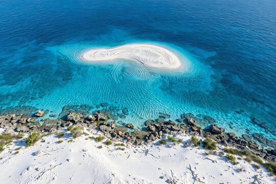 An incredible aerial view of a secluded white sandbar island floating in deep blue ocean waters, adjacent to a rocky coastline with vibrant coral reef formations.