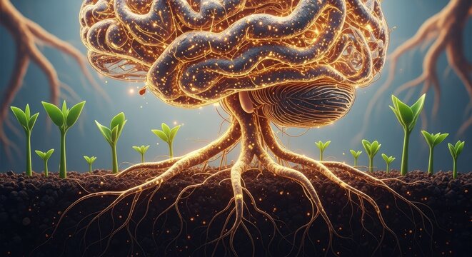 Glowing brain root system nurturing young green sprouts.