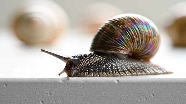 Close-up view of a crawling snail with a beautifully colored iridescent shell and textured body on a white surface