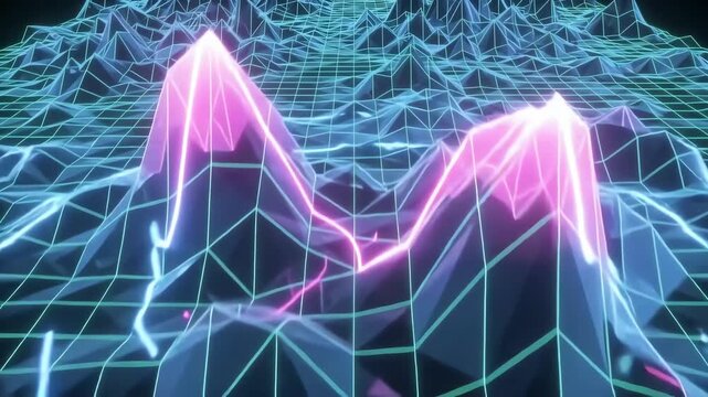 Digital wireframe mountain terrain grid animation