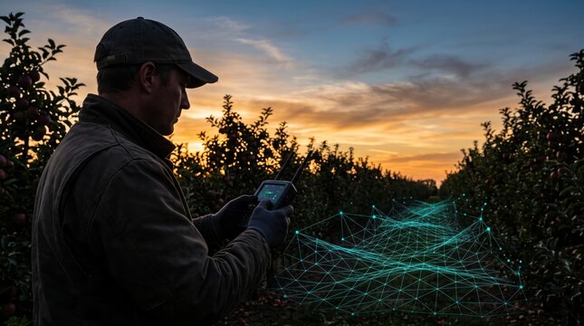 Agribusiness manager holding digital controller in orchard wearing cap. Smart farming technology with data network overlay at sunset.