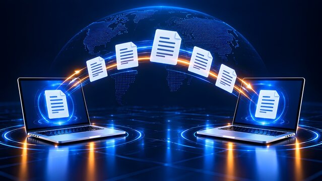Global Digital Data Transfer and File Sharing Concept Between Two Laptops Over Network