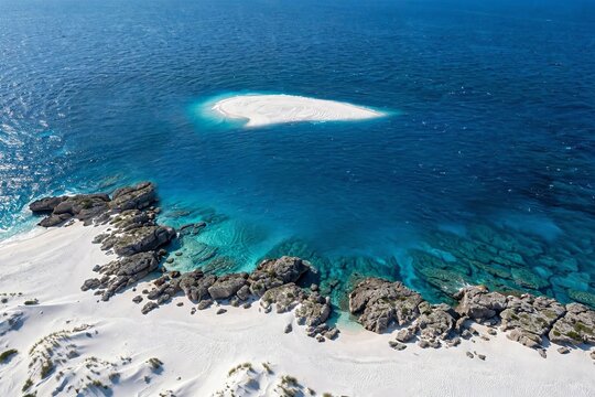 An extraordinary aerial perspective of a secluded white sandbar surrounded by deep blue ocean water, alongside a rugged coral reef coastline with pristine white sand dunes.