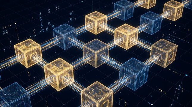 Digital blockchain network with glowing connected data blocks for fintech and crypto concepts.