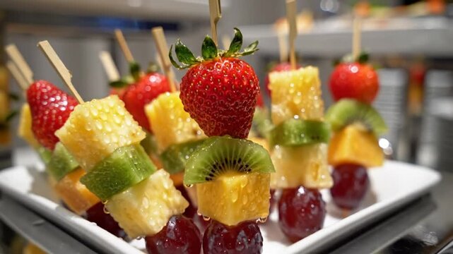 Delicious fruit skewers with strawberry kiwi pineapple and grapes presented on a catering buffet
