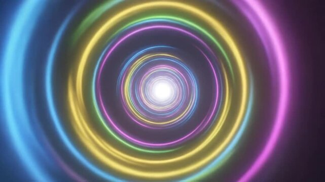 Hypnotic tunnel effect with vibrant neon colored rings spiraling towards a bright white light