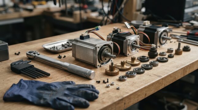 Servo motors, precision gears, wiring harnesses, tools, and gloves arranged on a clean workbench.