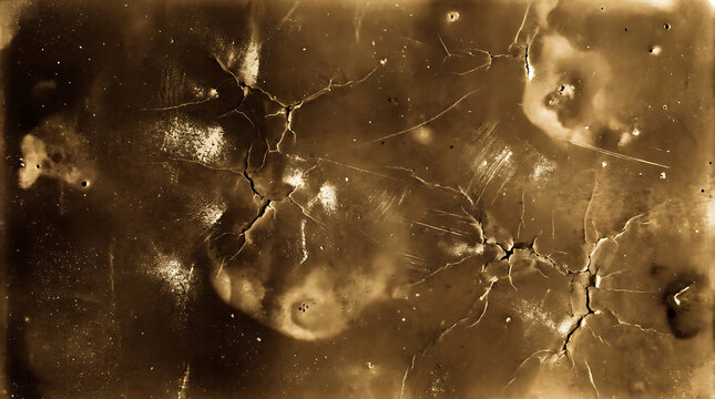 Vintage sepia texture with cracked surface and grunge film grain overlay background.