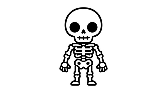Cute cartoon skeleton character, simple black and white vector illustration for Halloween.