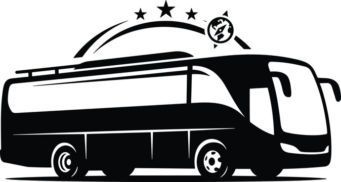 Modern Tour Bus Silhouette Emblem with Stars and Compass for Travel Agency Agency Logos Tourism Transport and Interstate Passenger Coach Transit Graphic Designs