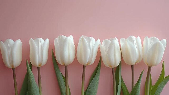 Row of White Tulips on Pink Background, Spring Flower Arrangement