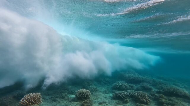 Underwater view of a powerful breaking ocean wave over coral reef