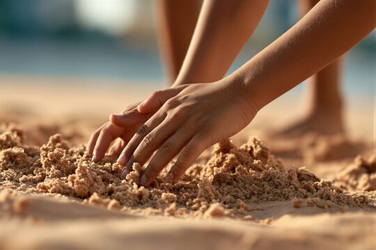 A close-up shot of hands sculpting sand on a beach.