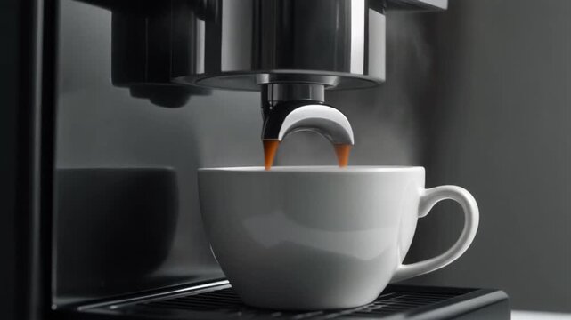 Espresso Machine Brewing Fresh Coffee Into White Cup, Hot Steam Rising