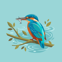 Fototapeta premium Vector illustration of a colorful common kingfisher bird perched on a tree branch over blue water holding a small silver fish in its beak, featuring a stylized flat design.
