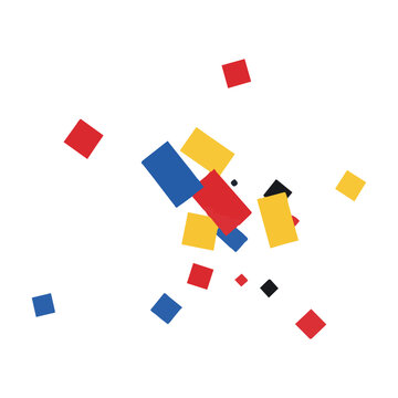 Vibrant primary colored rectangular shapes scattered on a white background in a dynamic minimalist composition, abstract geometric background