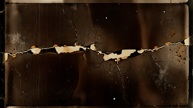 Vintage film frame with sepia crack texture and dark distressed grunge overlay background