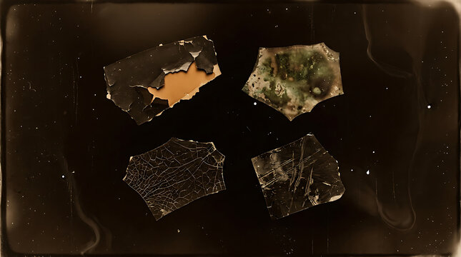 Abstract sepia background with four dark textured fragments and vintage film grain effect.