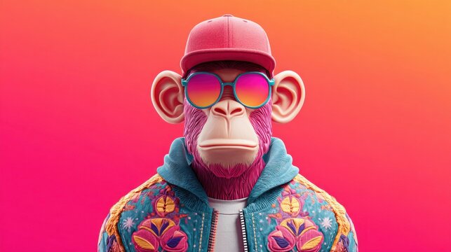 Cool ape wearing sunglasses and a baseball cap against a vibrant gradient background