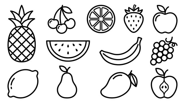 Set of hand drawn fruit icons, simple black outline vector illustrations on white background