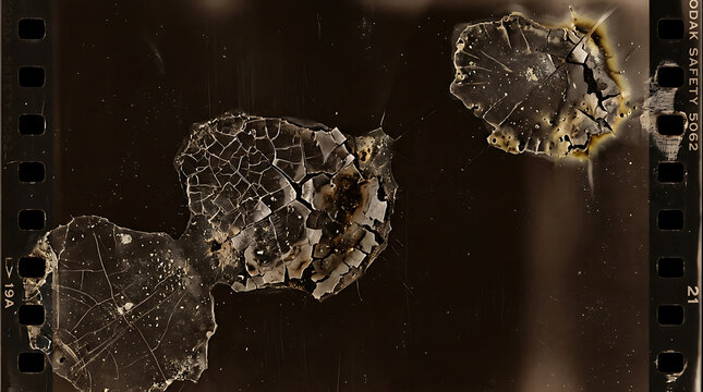 Damaged vintage film strip with sepia texture and chemical burn marks