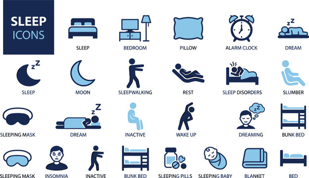 Sleep and Rest Vector Icon Set Featuring Bed Bedroom Pillow Alarm Clock Moon Sleepwalking Mask Insomnia Sleeping Pills Baby Blanket Bunk Bed and Dream Symbols for Web App Designs