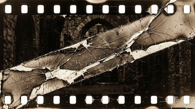 Damaged vintage film strip with sepia texture and torn paper effect