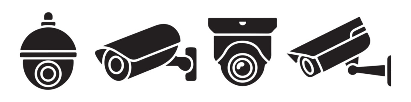 Professional security monitoring dome and bullet camera black icons set on checkered backdrop.