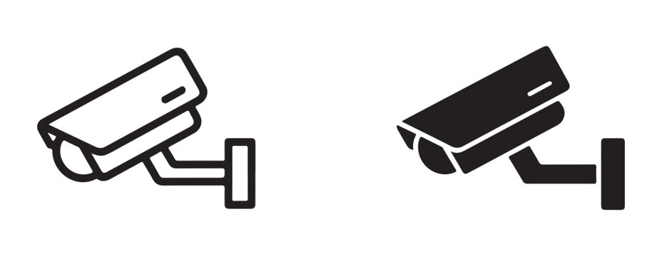 Cctv security camera vector line icons pack showing black solid and linear modern style signs.