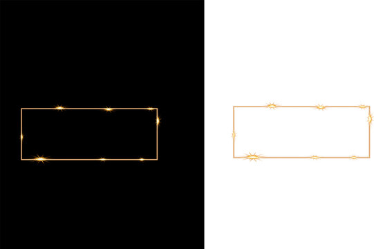 Glowing golden glittering rectangle frame with light bokeh effect and sparks vector design element