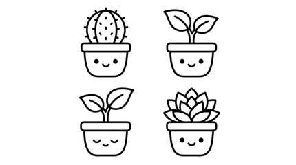 Obraz premium Cute kawaii potted plant icons set with cactus and succulents in black line art style.