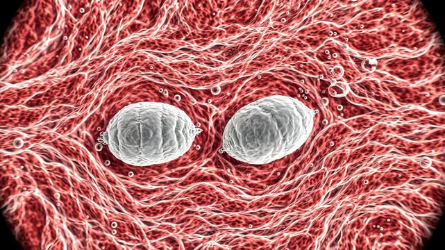 Human tissue containing two clearly visible Schistosoma parasite eggs