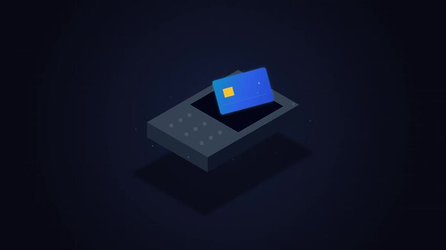 Dark background highlights a sleek, floating tablet. Blue credit card rests atop the device. Green check mark signals successful payment. Minimalist design conveys modern finance
