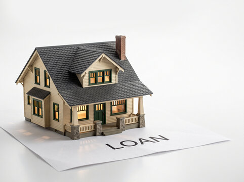 Miniature house model on a printed loan document for real estate mortgage concept