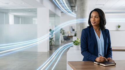 Fototapeta premium Healthcare administrator in a modern healthcare workplace with subtle cyan light