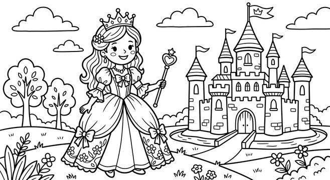 Joyful princess with crown and wand stands before a castle in a whimsical landscape during daytime