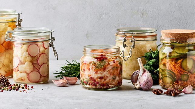 A still life showcasing a variety of homemade fermented foods in glass jars.