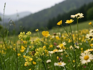 Fototapeta premium Colorful buttercup meadow filled with wildflowers