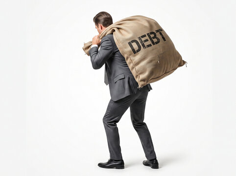 Stressed businessman carrying a heavy burlap sack with the word debt, financial burden and economic struggle concept isolated on white background