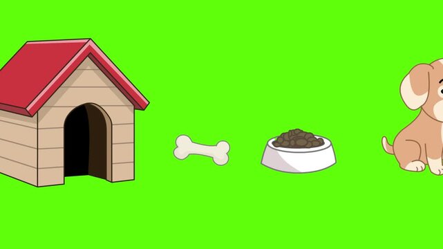 Animated sliding video of a cartoon dog, kennel, bone, and food bowl moving sideways on a green background, art, 2D.