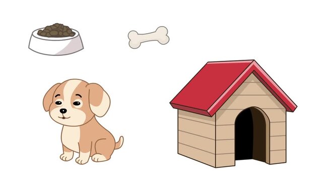 Animated sliding video of a cartoon dog, kennel, bone, and food bowl moving sideways on a white background, art.