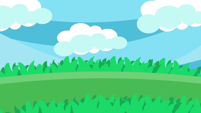 Animated loop background video of a green grass field with a blue sky and white clouds, cartoon style, art, 2D.