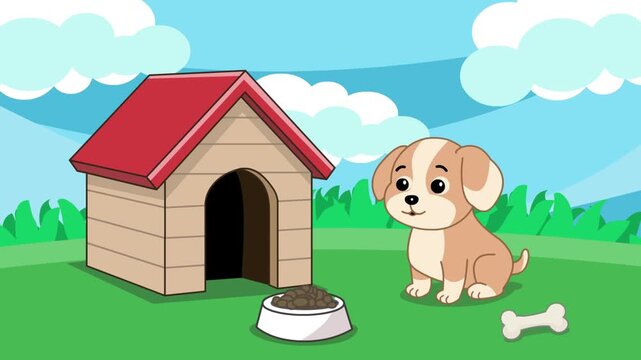 Animated video of a cute baby dog with its house, bone, and food bowl in a green field with a blue sky, cartoon style, art, 2D.