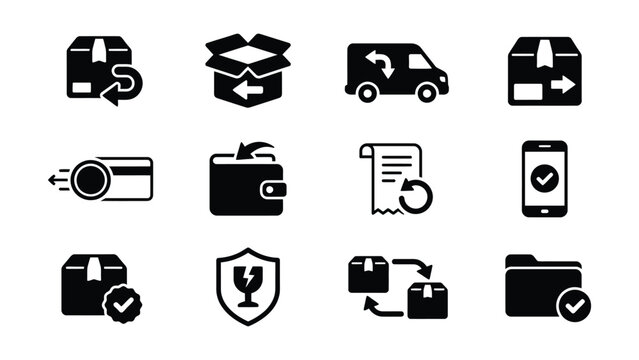 Set of icons representing delivery logistics and transaction confirmation processes