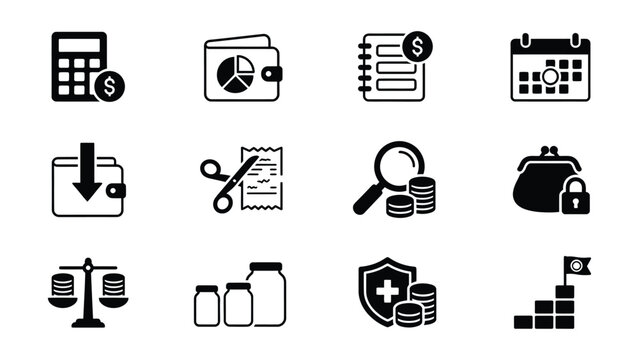 Set of financial management and budgeting icons with transparent background