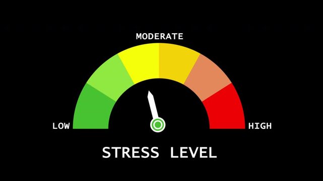 Stress level meter graphically illustrating emotional state from low to high on transparent background