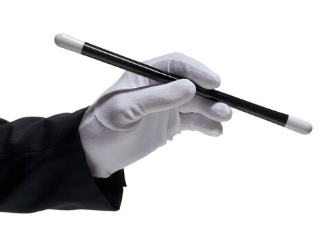 Magician hand in white glove holding magic wand isolated on transparent background png clip art element for mystery illusion performance show design project