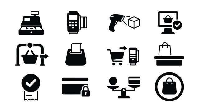 Set of black line icons representing various shopping and payment methods