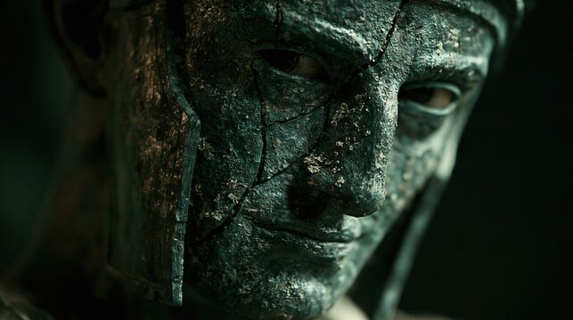 A close-up portrait of a weathered ancient statue head.